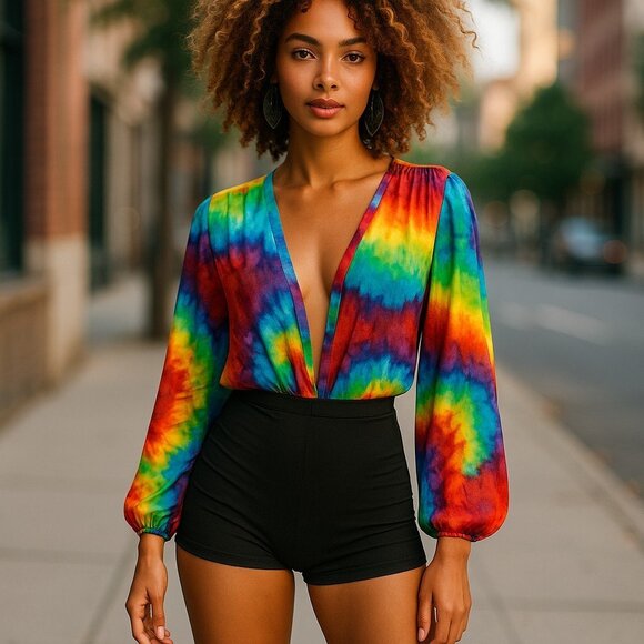 Love Tops - LOVE BRAND Rainbow Tie Dye Long Sleeve Bodysuit L Pride Festival Rave